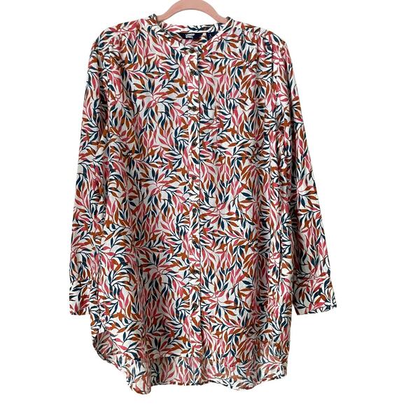 Lands End Top Womens Large White 100% Linen Floral Tunic Pockets Boho Tropical - Picture 1 of 14